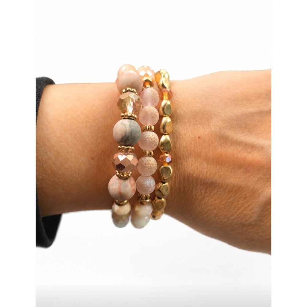 Pomina Semi Precious Pink Gold Stone Bracelet Stack New